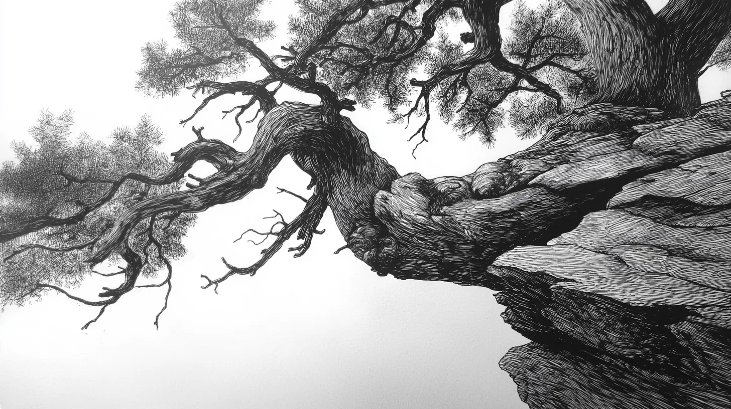 A gnarled juniper gripping bare granite as it leans over a cliff, drawn in pen and ink.